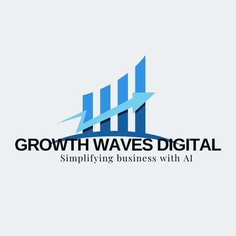 Growth Waves Digital logo with blue bar chart and wave design. Company tagline: Simplifying business with AI
